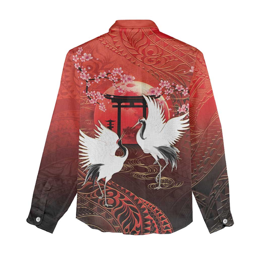 Hawaii and Japan Together Women Casual Shirt Polynesian Art Tattoo With Cranes And Sakura LT05 - Polynesian Pride