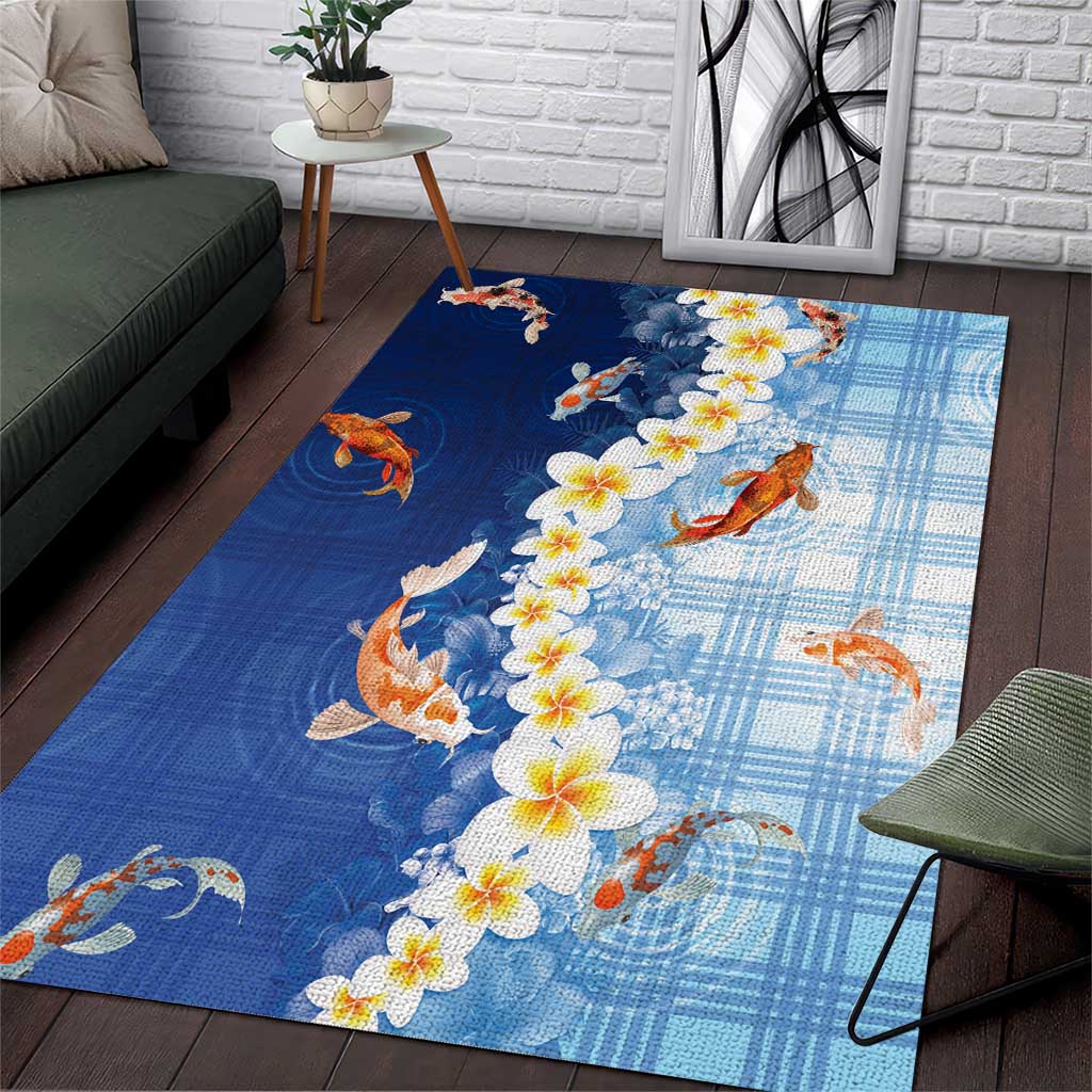 Hawaii And Japan Area Rug Plumeria Lei With Koi Fish Blue LT05 Blue - Polynesian Pride