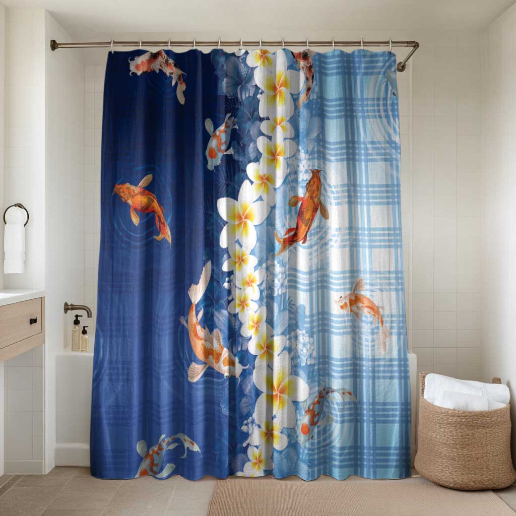 Hawaii And Japan Bathroom Set Plumeria Lei With Koi Fish Blue LT05 Shower Curtain Only Blue - Polynesian Pride