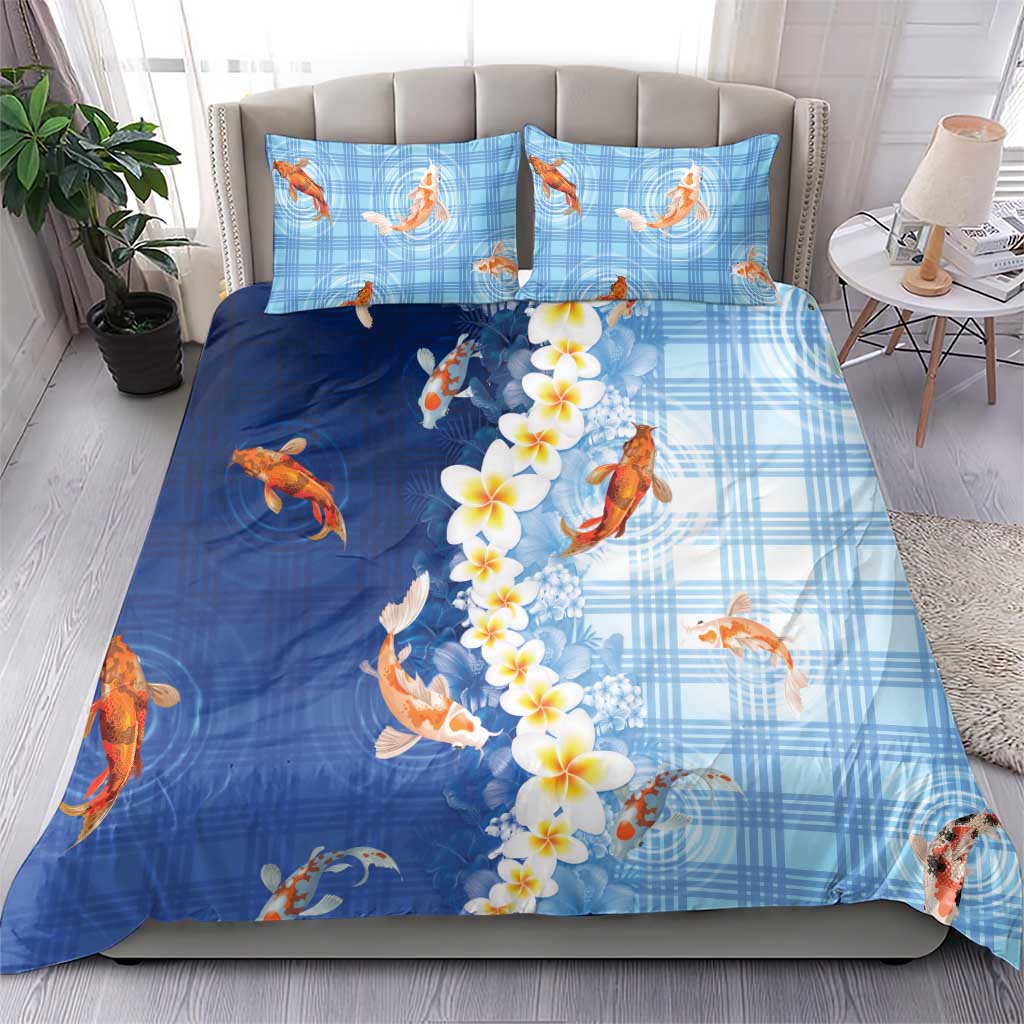Hawaii And Japan Bedding Set Plumeria Lei With Koi Fish Blue LT05 - Polynesian Pride