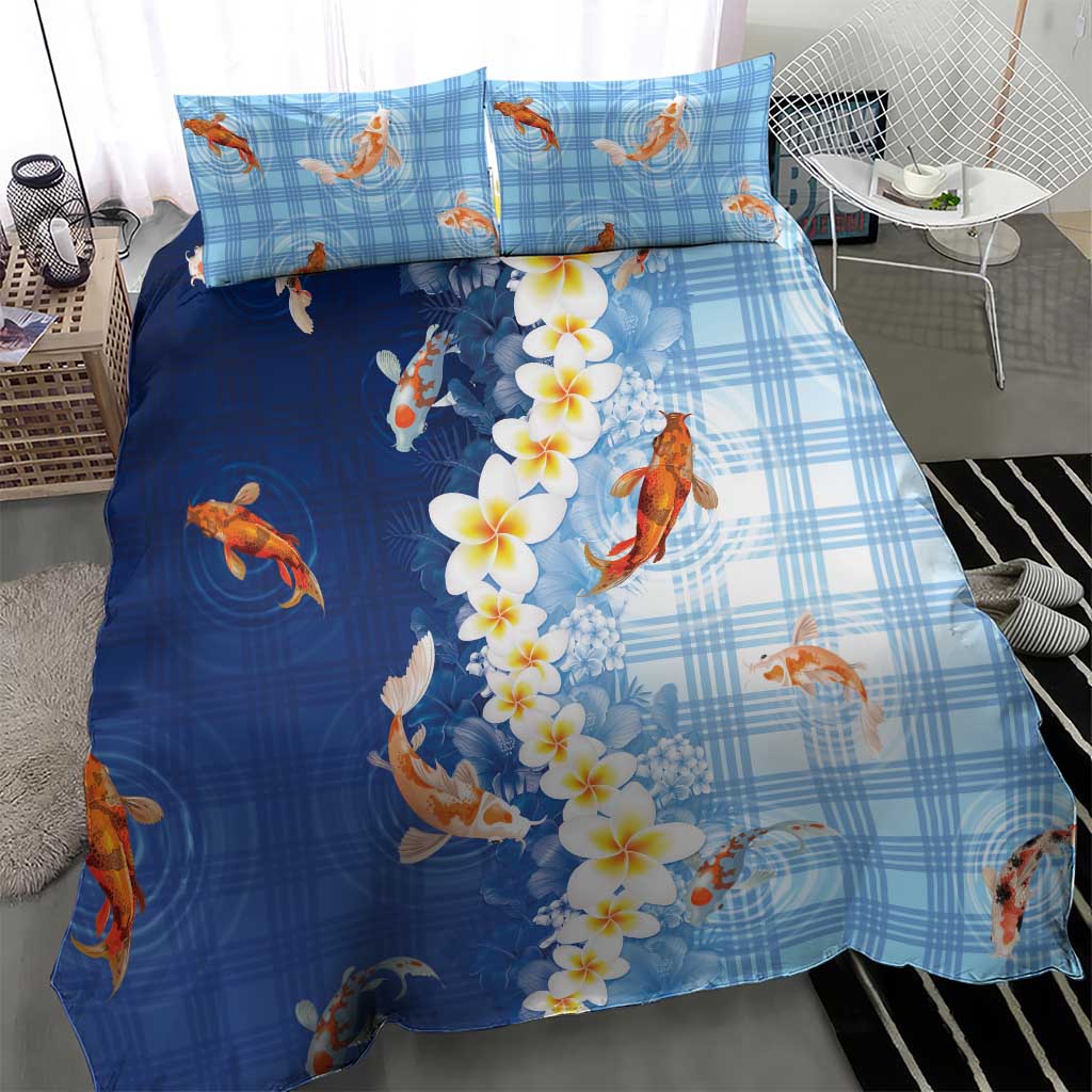 Hawaii And Japan Bedding Set Plumeria Lei With Koi Fish Blue LT05 - Polynesian Pride