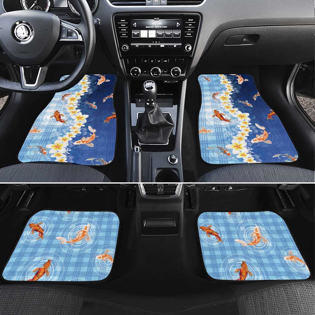 Hawaii And Japan Car Mats Plumeria Lei With Koi Fish Blue LT05 Set 4pcs Blue - Polynesian Pride