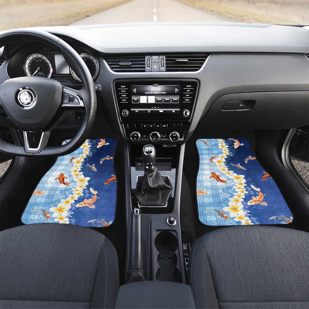 Hawaii And Japan Car Mats Plumeria Lei With Koi Fish Blue LT05 Set 2pcs - Front Blue - Polynesian Pride
