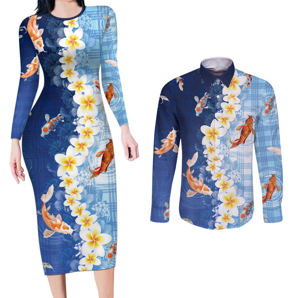 Hawaii And Japan Couples Matching Long Sleeve Bodycon Dress and Long Sleeve Button Shirt Plumeria Lei With Koi Fish Blue LT05 Blue - Polynesian Pride
