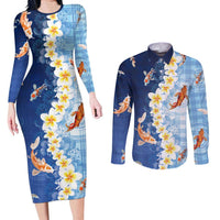 Hawaii And Japan Couples Matching Long Sleeve Bodycon Dress and Long Sleeve Button Shirt Plumeria Lei With Koi Fish Blue LT05 Blue - Polynesian Pride