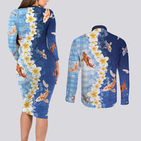 Hawaii And Japan Couples Matching Long Sleeve Bodycon Dress and Long Sleeve Button Shirt Plumeria Lei With Koi Fish Blue LT05 - Polynesian Pride