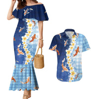 Hawaii And Japan Couples Matching Mermaid Dress and Hawaiian Shirt Plumeria Lei With Koi Fish Blue LT05 Blue - Polynesian Pride