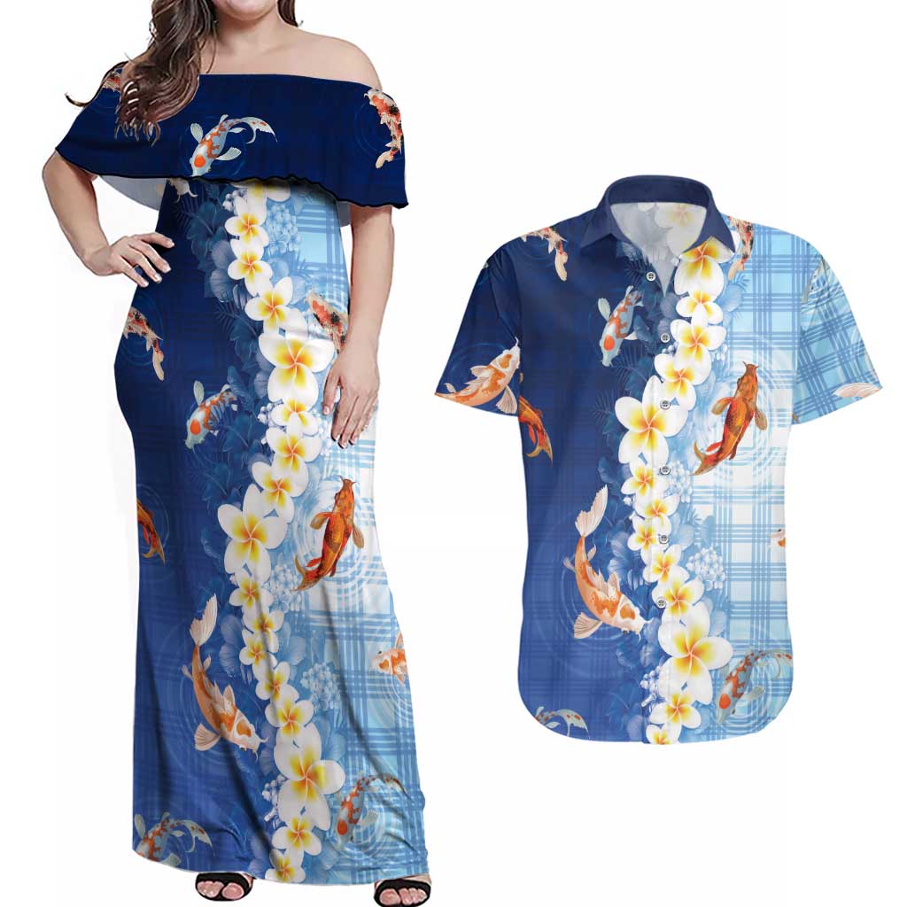 Hawaii And Japan Couples Matching Off Shoulder Maxi Dress and Hawaiian Shirt Plumeria Lei With Koi Fish Blue - Polynesian Pride