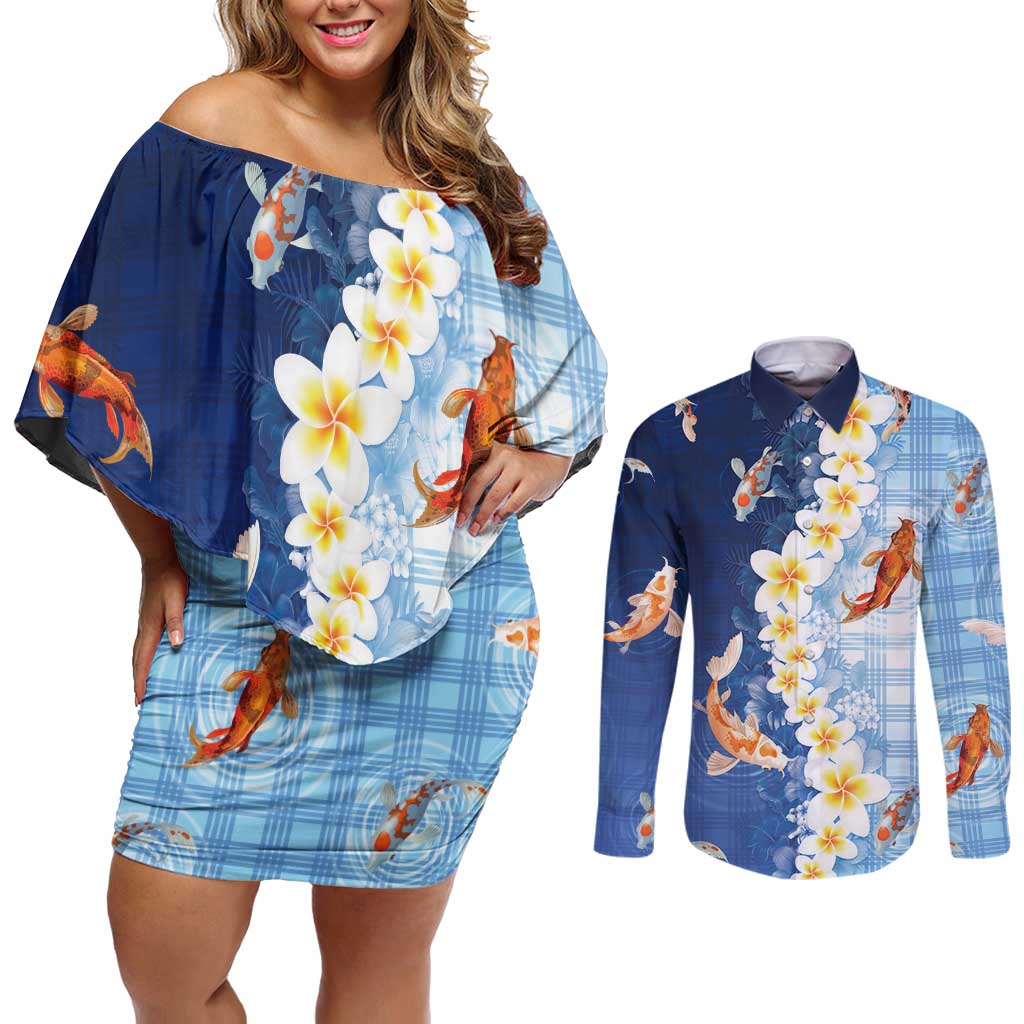 Hawaii And Japan Couples Matching Off Shoulder Short Dress and Long Sleeve Button Shirt Plumeria Lei With Koi Fish Blue LT05 Blue - Polynesian Pride