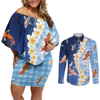 Hawaii And Japan Couples Matching Off Shoulder Short Dress and Long Sleeve Button Shirt Plumeria Lei With Koi Fish Blue LT05 Blue - Polynesian Pride