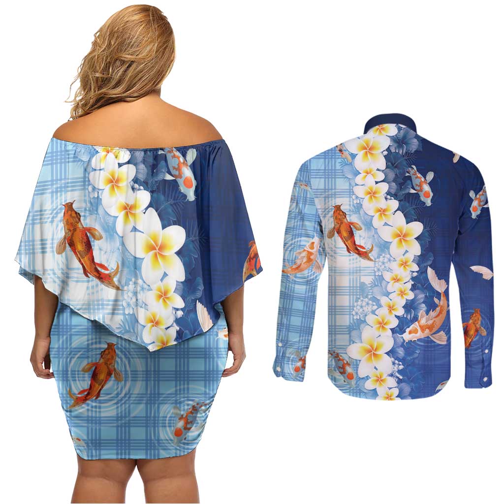 Hawaii And Japan Couples Matching Off Shoulder Short Dress and Long Sleeve Button Shirt Plumeria Lei With Koi Fish Blue LT05 - Polynesian Pride