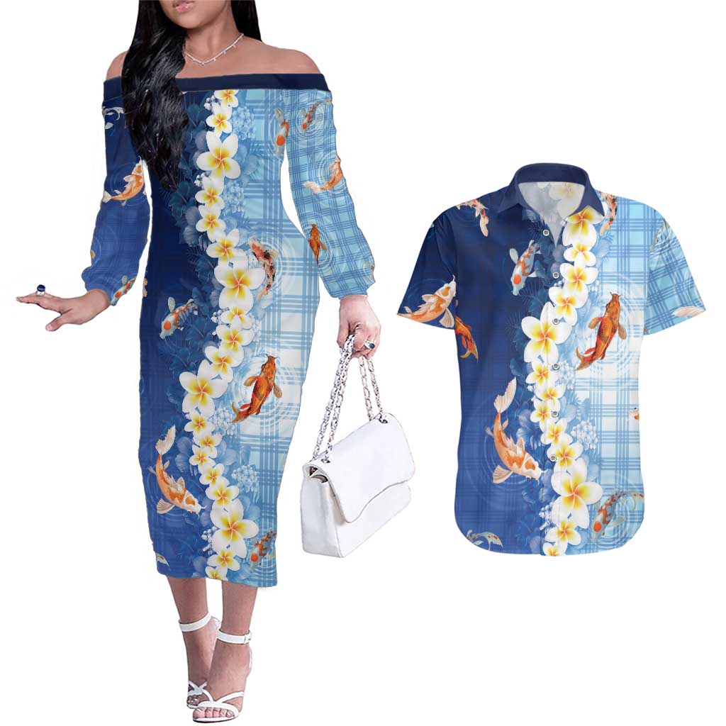Hawaii And Japan Couples Matching Off The Shoulder Long Sleeve Dress and Hawaiian Shirt Plumeria Lei With Koi Fish Blue - Polynesian Pride