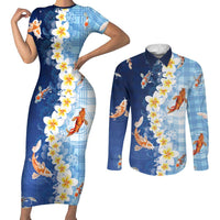 Hawaii And Japan Couples Matching Short Sleeve Bodycon Dress and Long Sleeve Button Shirt Plumeria Lei With Koi Fish Blue LT05 Blue - Polynesian Pride