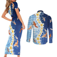 Hawaii And Japan Couples Matching Short Sleeve Bodycon Dress and Long Sleeve Button Shirt Plumeria Lei With Koi Fish Blue LT05 - Polynesian Pride