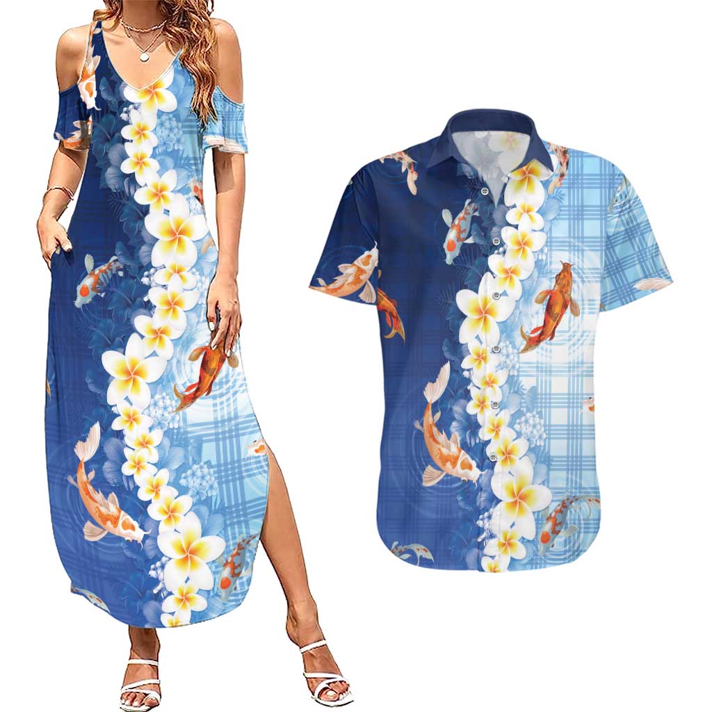 Hawaii And Japan Couples Matching Summer Maxi Dress and Hawaiian Shirt Plumeria Lei With Koi Fish Blue - Polynesian Pride