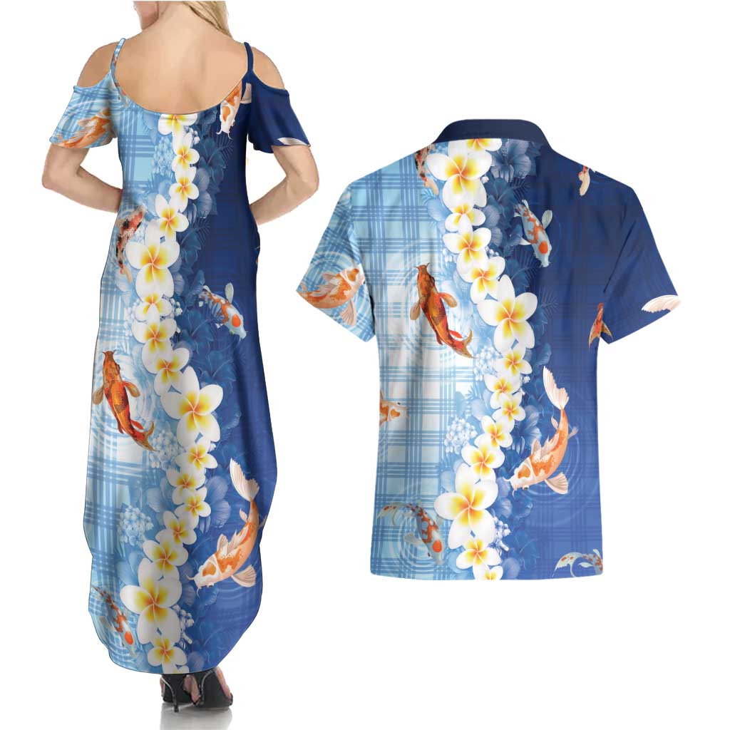 Hawaii And Japan Couples Matching Summer Maxi Dress and Hawaiian Shirt Plumeria Lei With Koi Fish Blue - Polynesian Pride