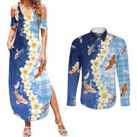 Hawaii And Japan Couples Matching Summer Maxi Dress and Long Sleeve Button Shirt Plumeria Lei With Koi Fish Blue LT05 Blue - Polynesian Pride