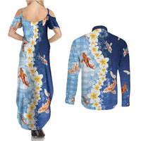 Hawaii And Japan Couples Matching Summer Maxi Dress and Long Sleeve Button Shirt Plumeria Lei With Koi Fish Blue LT05 - Polynesian Pride