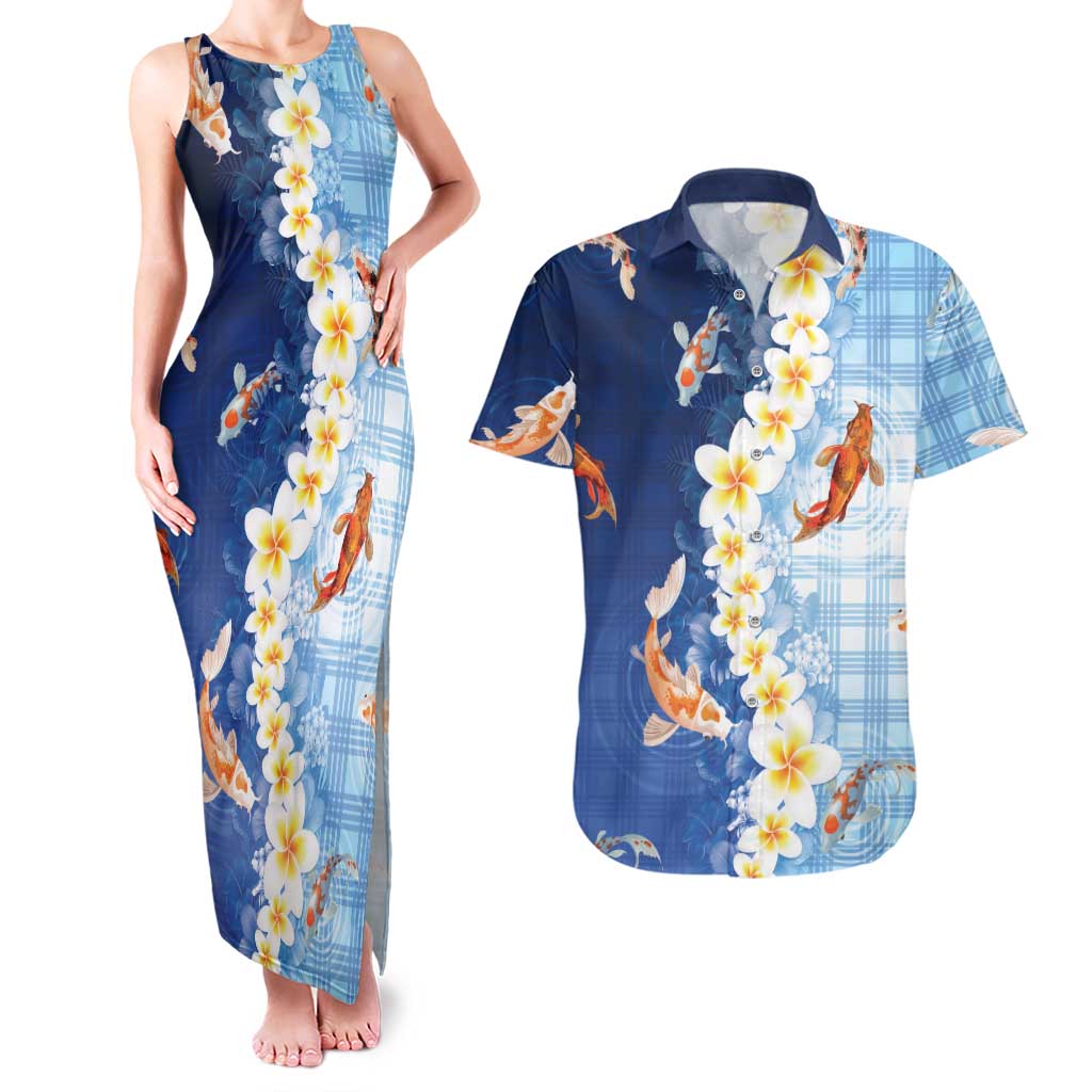 Hawaii And Japan Couples Matching Tank Maxi Dress and Hawaiian Shirt Plumeria Lei With Koi Fish Blue - Polynesian Pride