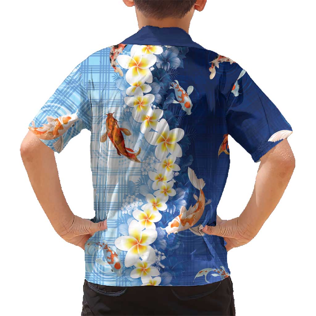 Hawaii And Japan Family Matching Mermaid Dress and Hawaiian Shirt Plumeria Lei With Koi Fish Blue - Polynesian Pride