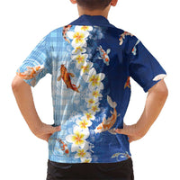 Hawaii And Japan Family Matching Mermaid Dress and Hawaiian Shirt Plumeria Lei With Koi Fish Blue - Polynesian Pride