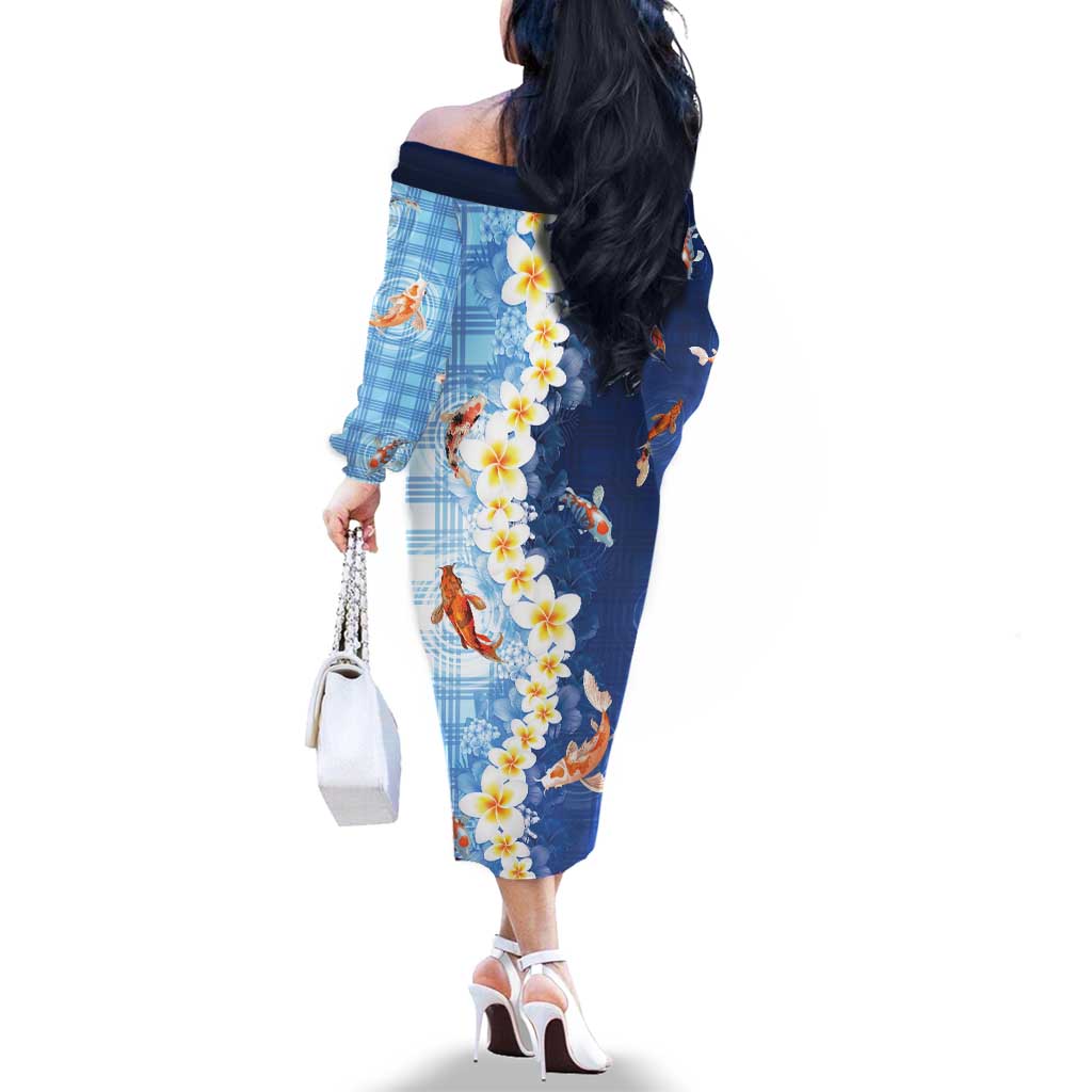 Hawaii And Japan Family Matching Off The Shoulder Long Sleeve Dress and Hawaiian Shirt Plumeria Lei With Koi Fish Blue - Polynesian Pride