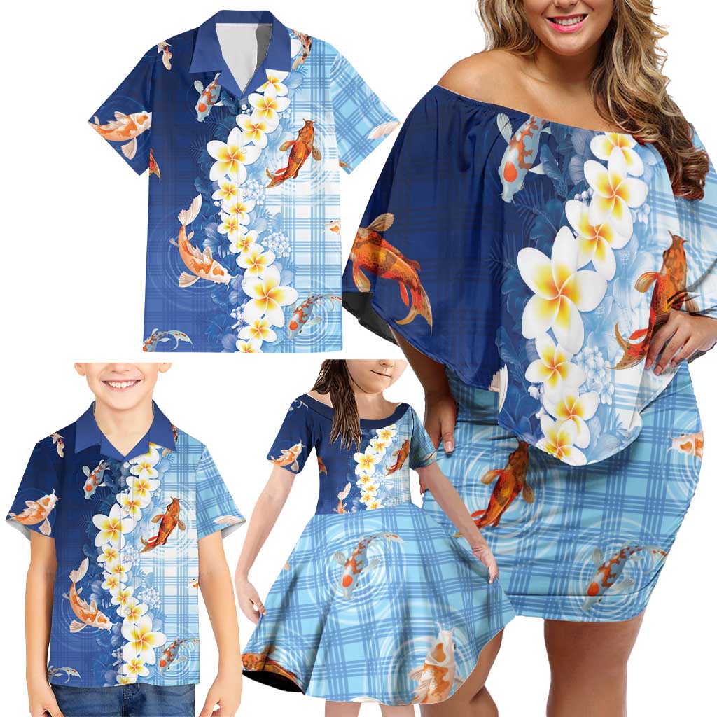 Hawaii And Japan Family Matching Off Shoulder Short Dress and Hawaiian Shirt Plumeria Lei With Koi Fish Blue - Polynesian Pride