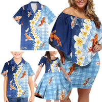 Hawaii And Japan Family Matching Off Shoulder Short Dress and Hawaiian Shirt Plumeria Lei With Koi Fish Blue - Polynesian Pride