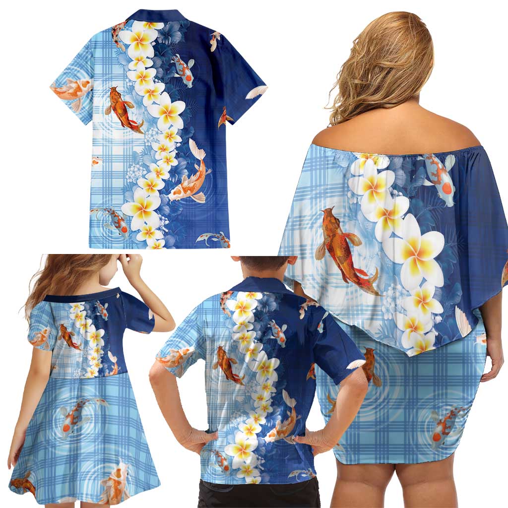Hawaii And Japan Family Matching Off Shoulder Short Dress and Hawaiian Shirt Plumeria Lei With Koi Fish Blue - Polynesian Pride