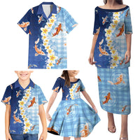 Hawaii And Japan Family Matching Puletasi and Hawaiian Shirt Plumeria Lei With Koi Fish Blue - Polynesian Pride