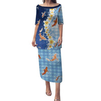 Hawaii And Japan Family Matching Puletasi and Hawaiian Shirt Plumeria Lei With Koi Fish Blue - Polynesian Pride
