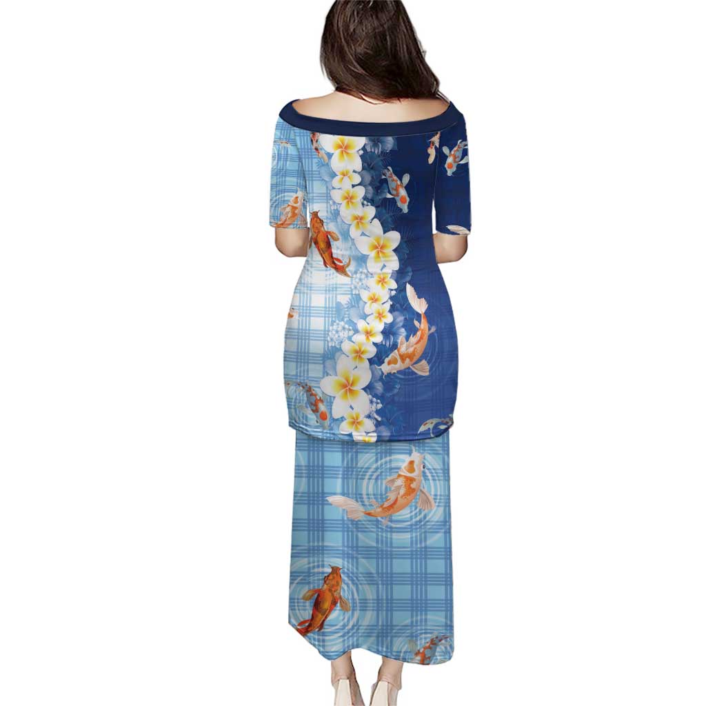 Hawaii And Japan Family Matching Puletasi and Hawaiian Shirt Plumeria Lei With Koi Fish Blue - Polynesian Pride