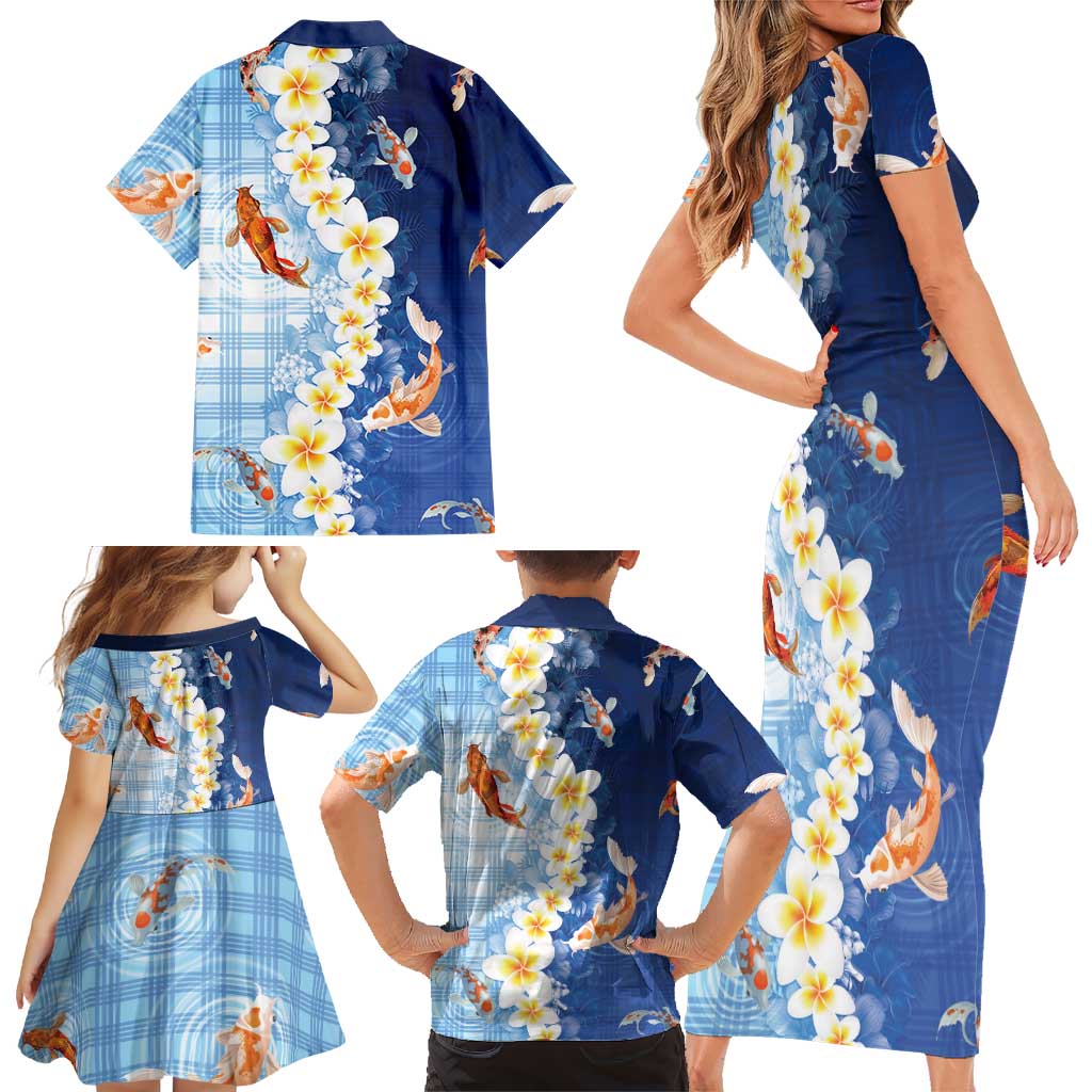 Hawaii And Japan Family Matching Short Sleeve Bodycon Dress and Hawaiian Shirt Plumeria Lei With Koi Fish Blue - Polynesian Pride