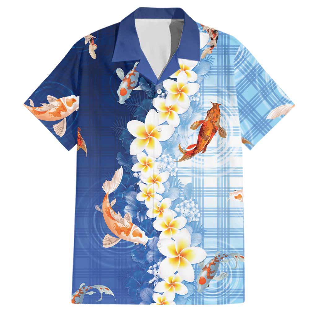 Hawaii And Japan Family Matching Short Sleeve Bodycon Dress and Hawaiian Shirt Plumeria Lei With Koi Fish Blue - Polynesian Pride
