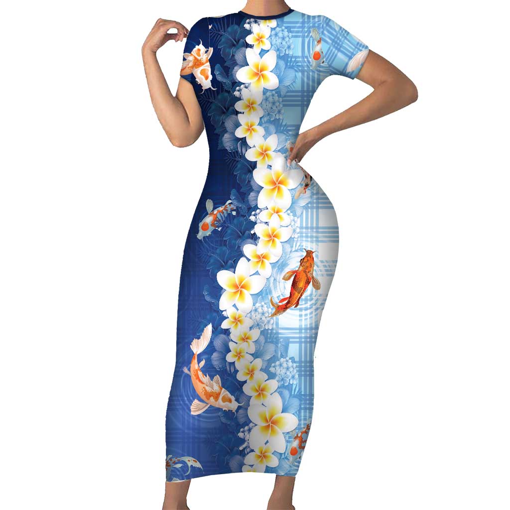 Hawaii And Japan Family Matching Short Sleeve Bodycon Dress and Hawaiian Shirt Plumeria Lei With Koi Fish Blue - Polynesian Pride