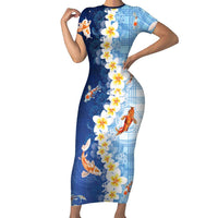 Hawaii And Japan Family Matching Short Sleeve Bodycon Dress and Hawaiian Shirt Plumeria Lei With Koi Fish Blue - Polynesian Pride