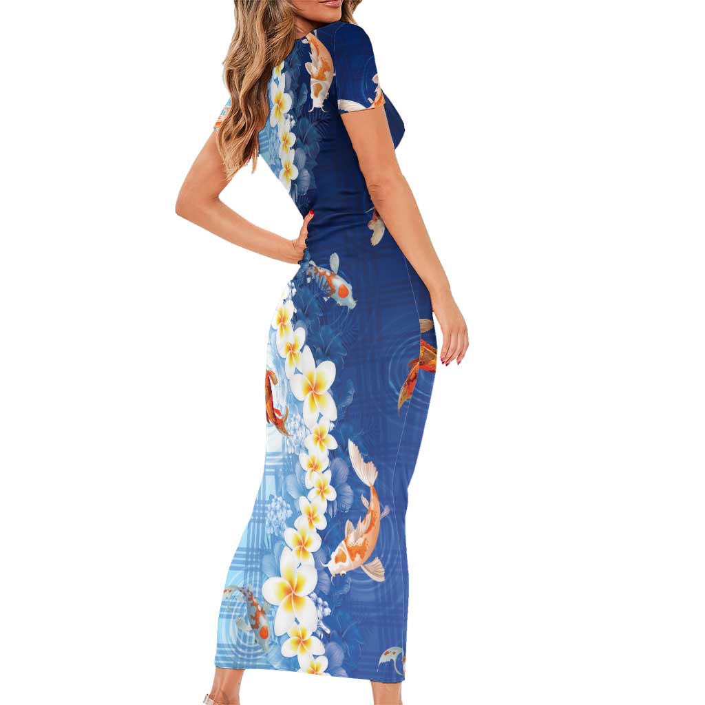 Hawaii And Japan Family Matching Short Sleeve Bodycon Dress and Hawaiian Shirt Plumeria Lei With Koi Fish Blue - Polynesian Pride