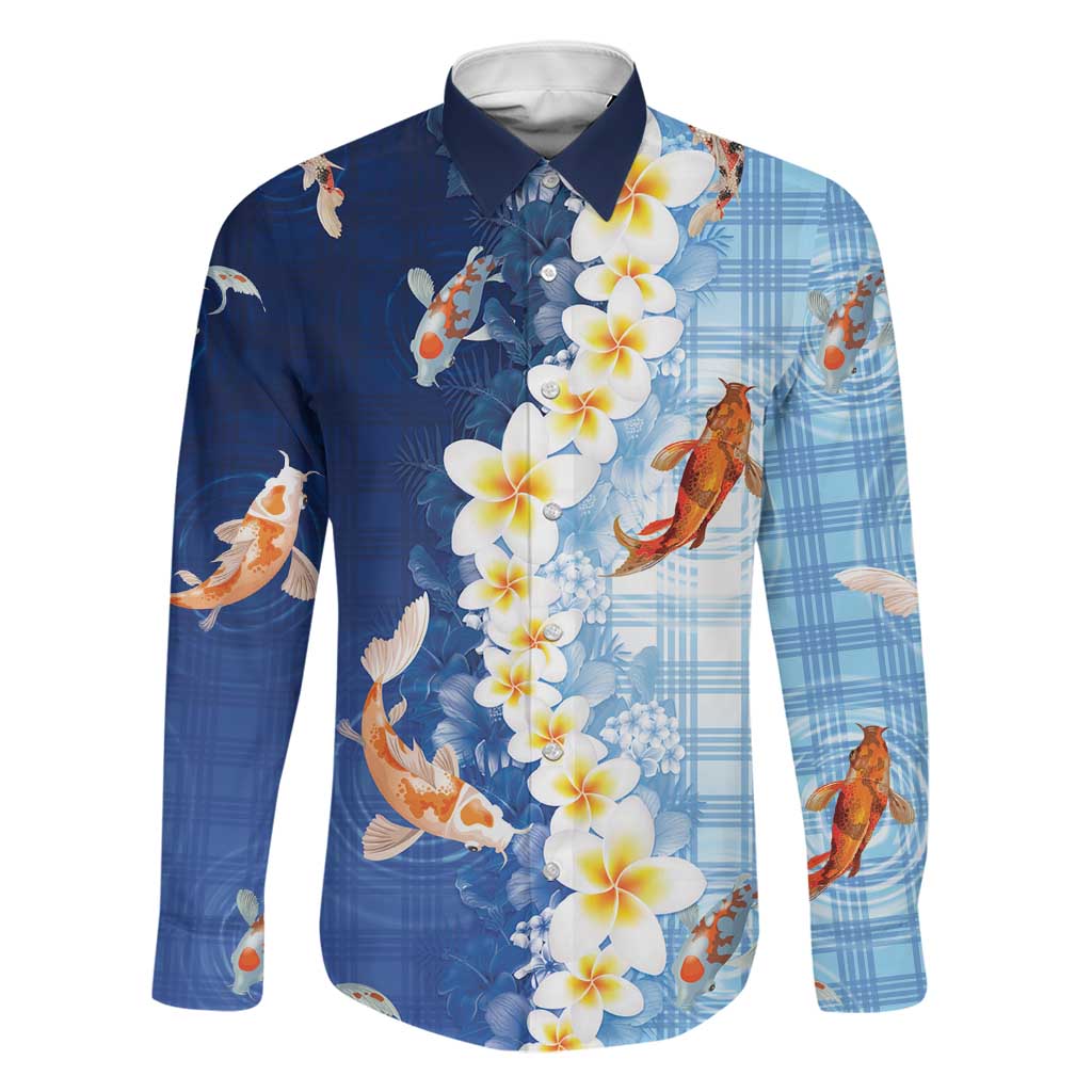 Hawaii And Japan Family Matching Summer Maxi Dress and Hawaiian Shirt Plumeria Lei With Koi Fish Blue - Polynesian Pride