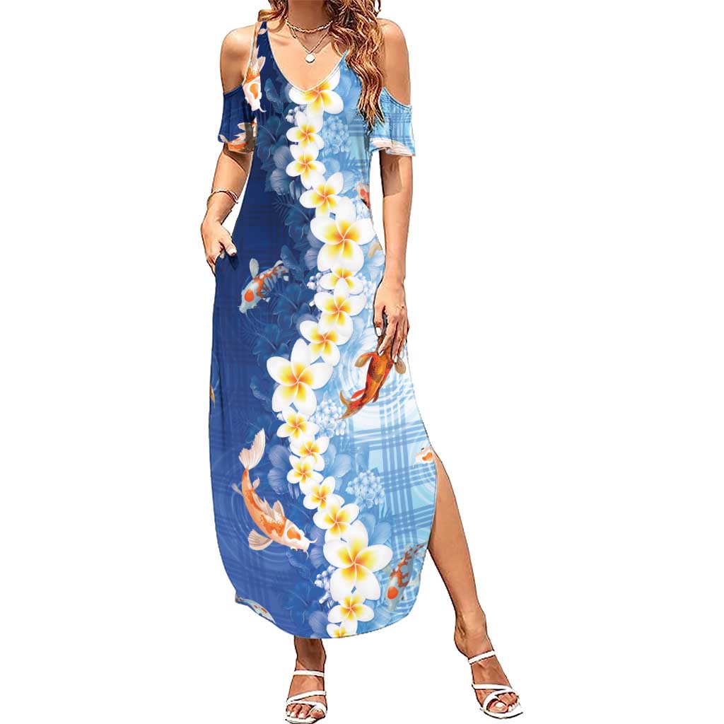 Hawaii And Japan Family Matching Summer Maxi Dress and Hawaiian Shirt Plumeria Lei With Koi Fish Blue - Polynesian Pride