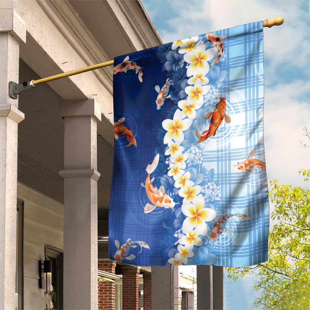 Hawaii And Japan Garden Flag Plumeria Lei With Koi Fish Blue LT05 House Flag Blue - Polynesian Pride