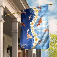 Hawaii And Japan Garden Flag Plumeria Lei With Koi Fish Blue LT05 House Flag Blue - Polynesian Pride