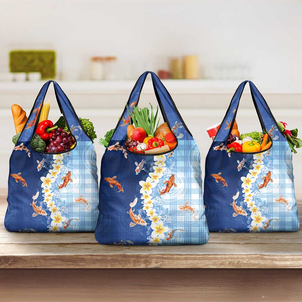 Hawaii And Japan Grocery Bag Plumeria Lei With Koi Fish Blue LT05 3-pack One Size Blue - Polynesian Pride