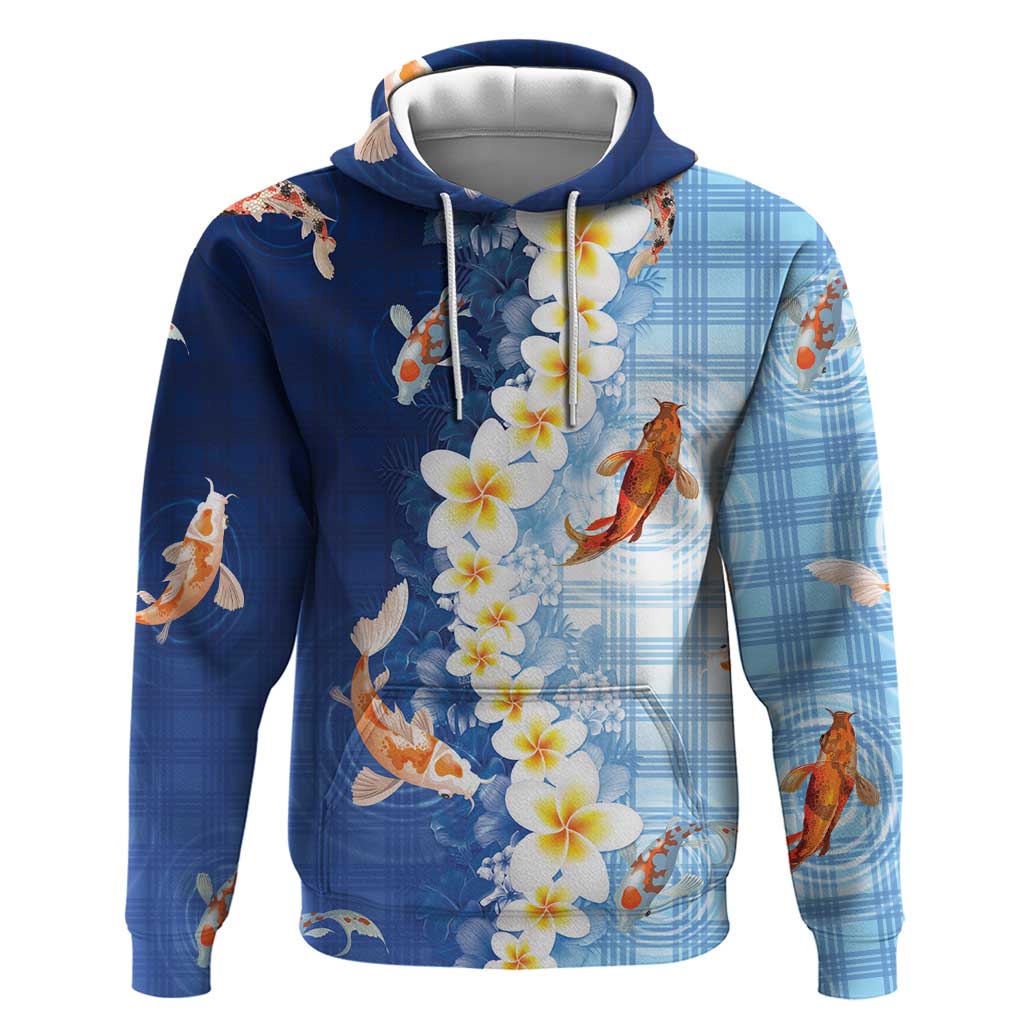 Hawaii And Japan Hoodie Plumeria Lei With Koi Fish Blue LT05 Pullover Hoodie Blue - Polynesian Pride