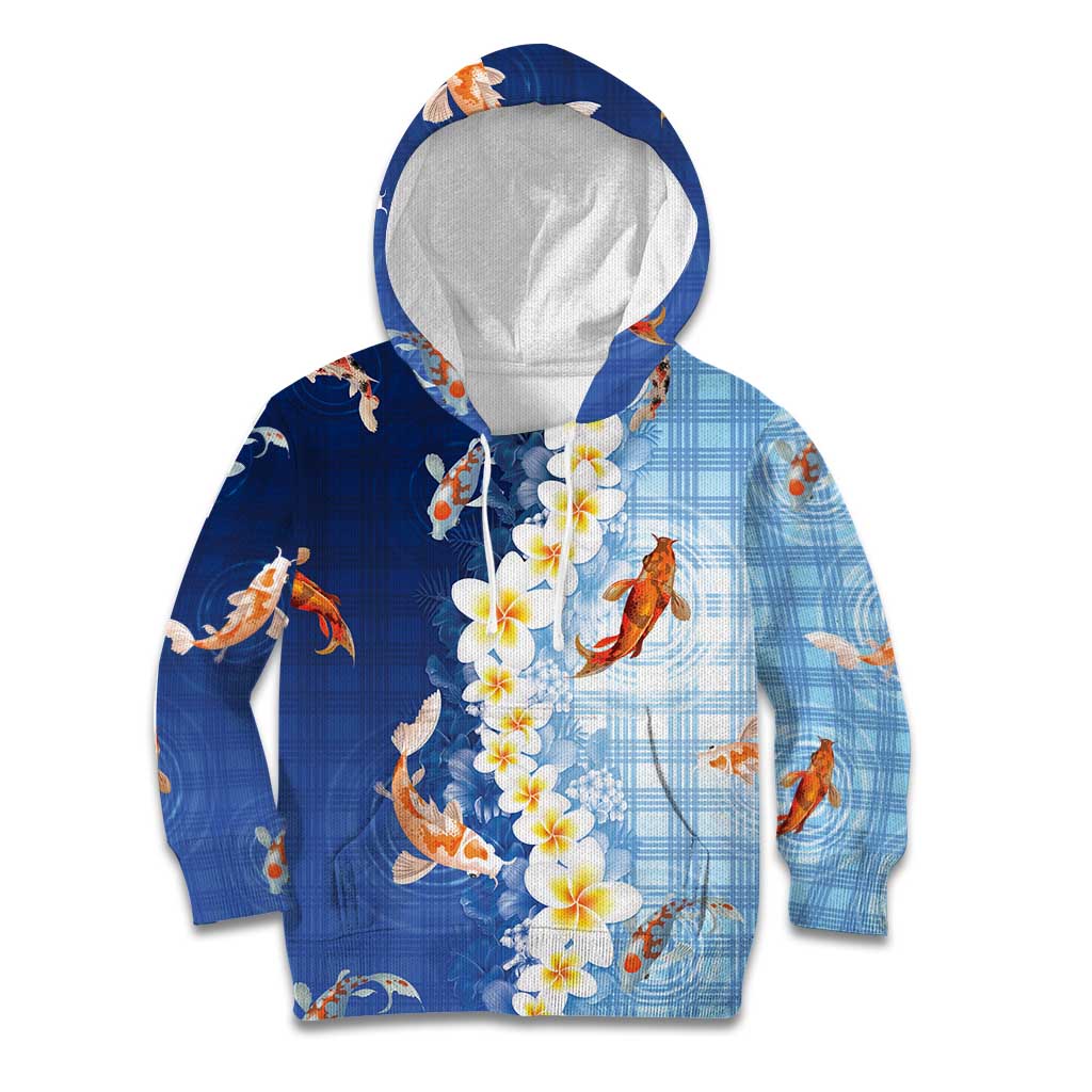 Hawaii And Japan Kid Hoodie Plumeria Lei With Koi Fish Blue LT05 Hoodie Blue - Polynesian Pride