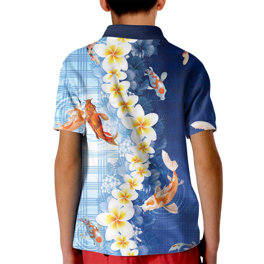 Hawaii And Japan Kid Polo Shirt Plumeria Lei With Koi Fish Blue LT05 - Polynesian Pride