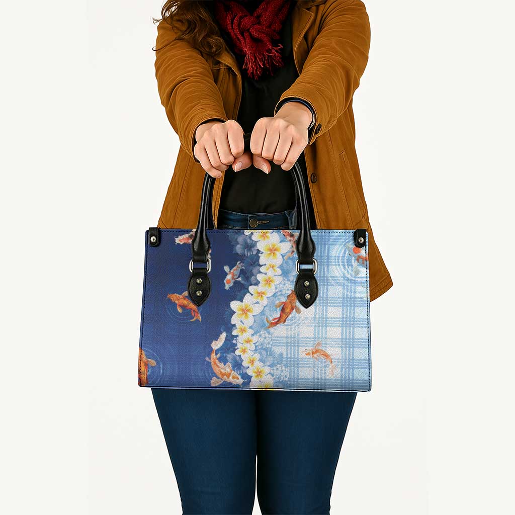 Hawaii And Japan Leather Bag Plumeria Lei With Koi Fish Blue LT05 - Polynesian Pride