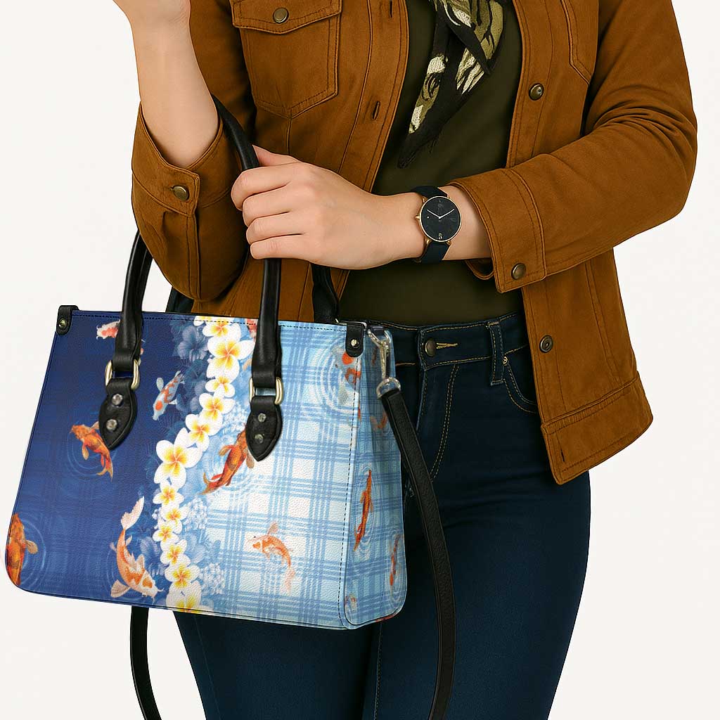 Hawaii And Japan Leather Bag Plumeria Lei With Koi Fish Blue LT05 - Polynesian Pride