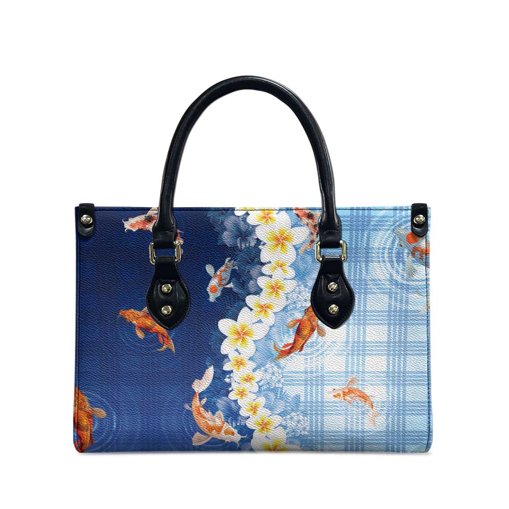 Hawaii And Japan Leather Bag Plumeria Lei With Koi Fish Blue LT05 - Polynesian Pride