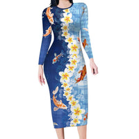 Hawaii And Japan Long Sleeve Bodycon Dress Plumeria Lei With Koi Fish Blue LT05 Long Dress Blue - Polynesian Pride