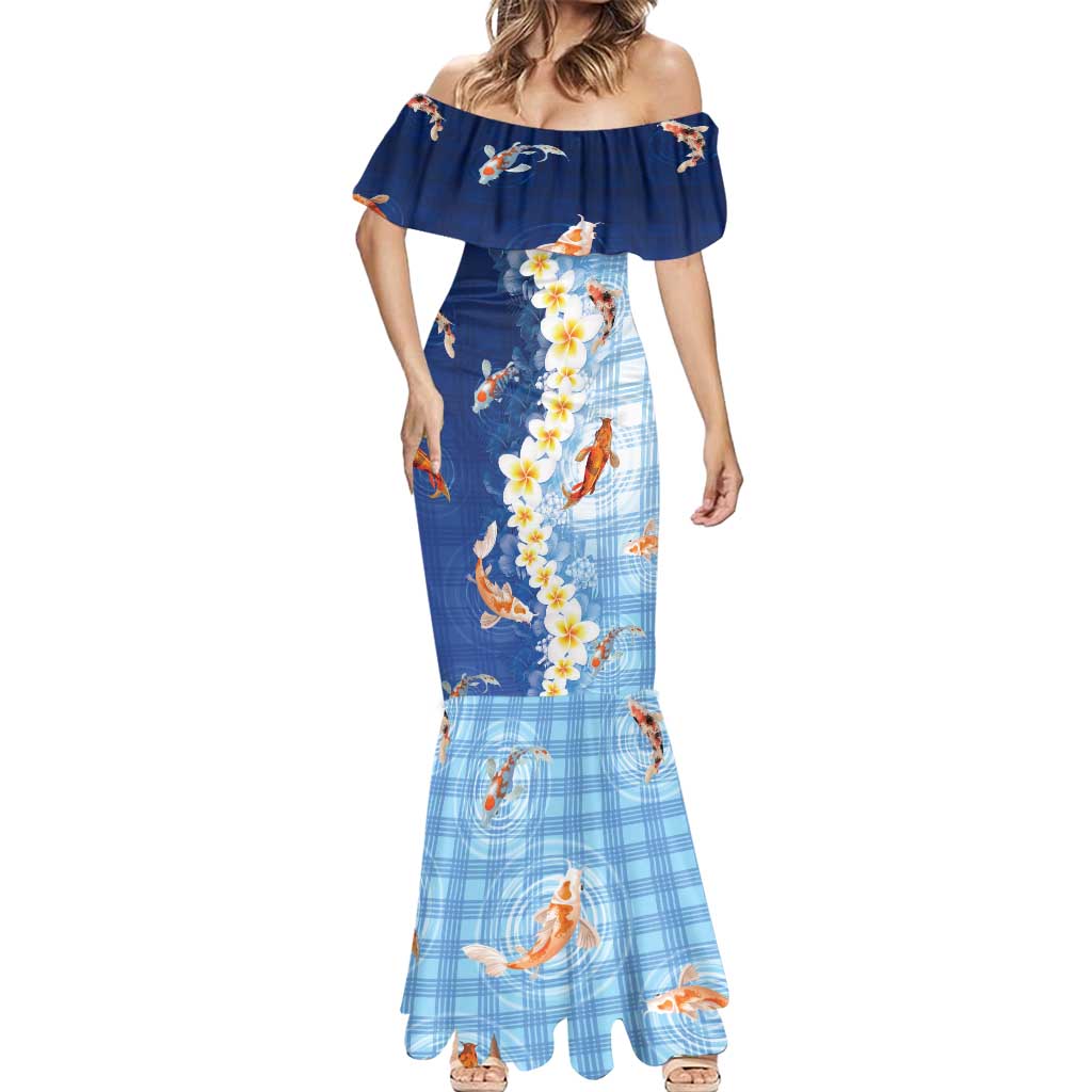 Hawaii And Japan Mermaid Dress Plumeria Lei With Koi Fish Blue LT05 - Polynesian Pride